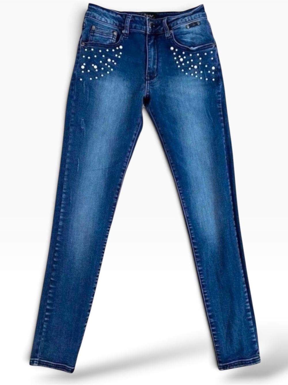 Oxygen jeans beaded skinny high rise blue lightly distressed stretch size medium